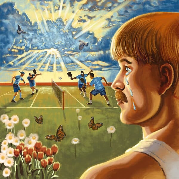 An illustration of a man looking forlornly at a group of men playing pickleball. Tears are rolling down his cheek. Rays of sunlight beam from a cloud. Birds and butterflies are flying and flowers are in bloom.