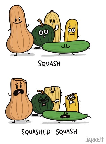 A bunch of different types of squash are standing in a group smiling. They are labeled “Squash.” The same bunch of squash are now looking upset and broken or bruised. They are labeled, “Squashed squash.”