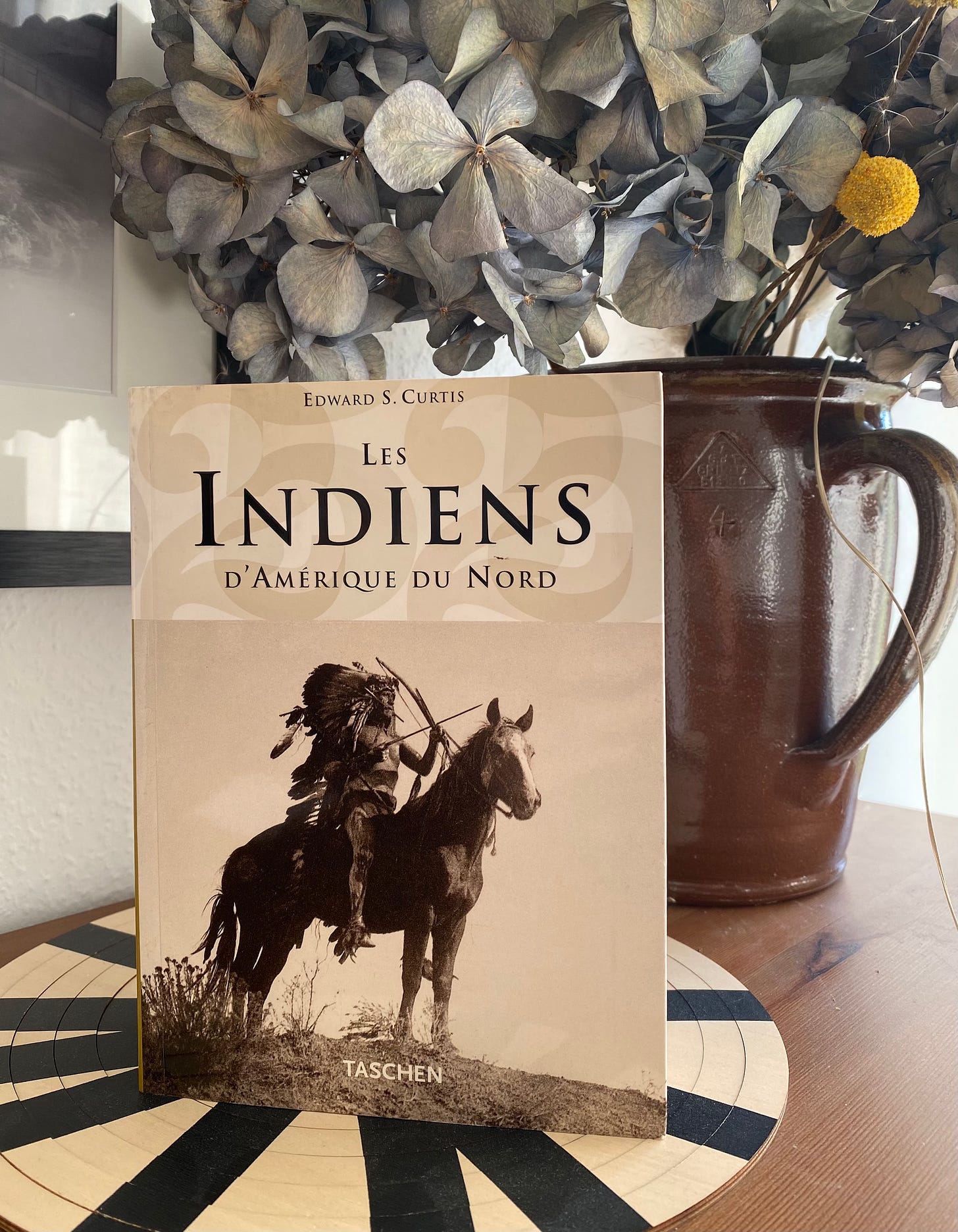 The French version on top of a bookcase in front of a vase with flowers of The North American Indian by Edward S. Curtis