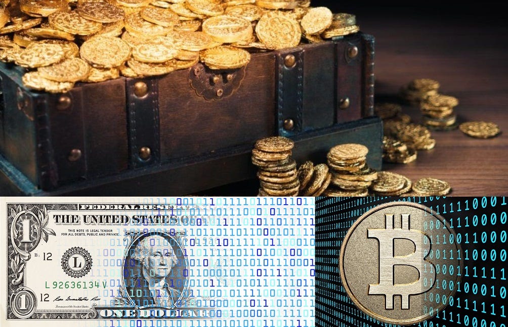 Monedas de oro, dólar digitalizado, y Bitcoin digital