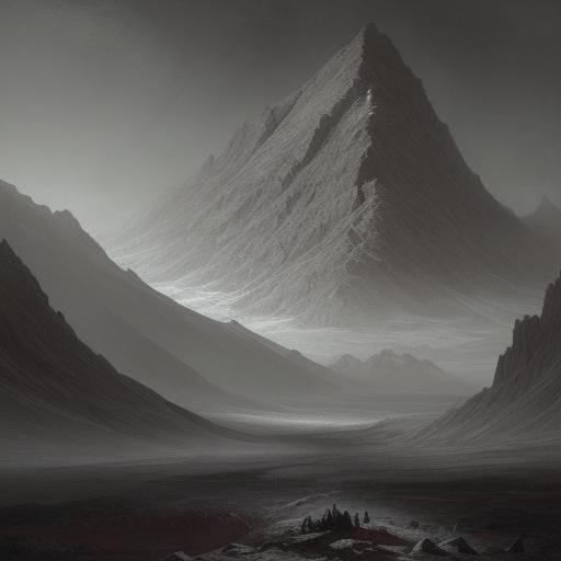 A gigantic, horrific mountain in a bleak and barren landscape