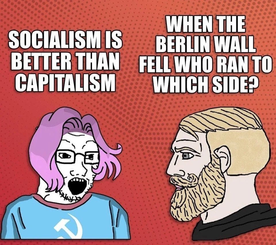 May be a doodle of text that says 'SOCIALISM IS BETTER THAN CAPITALISM WHEN THE BERLIN WALL FELL WHO RAN TO WHICH SIDE?'