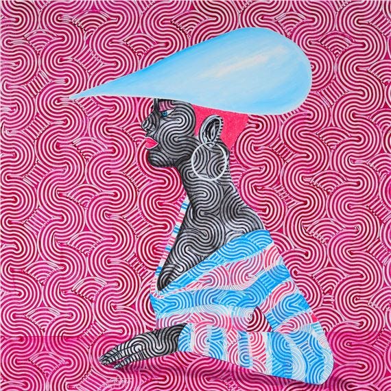 A stylized painting of an African woman wearing a large hat, against a pink background covered in wavy white patterns