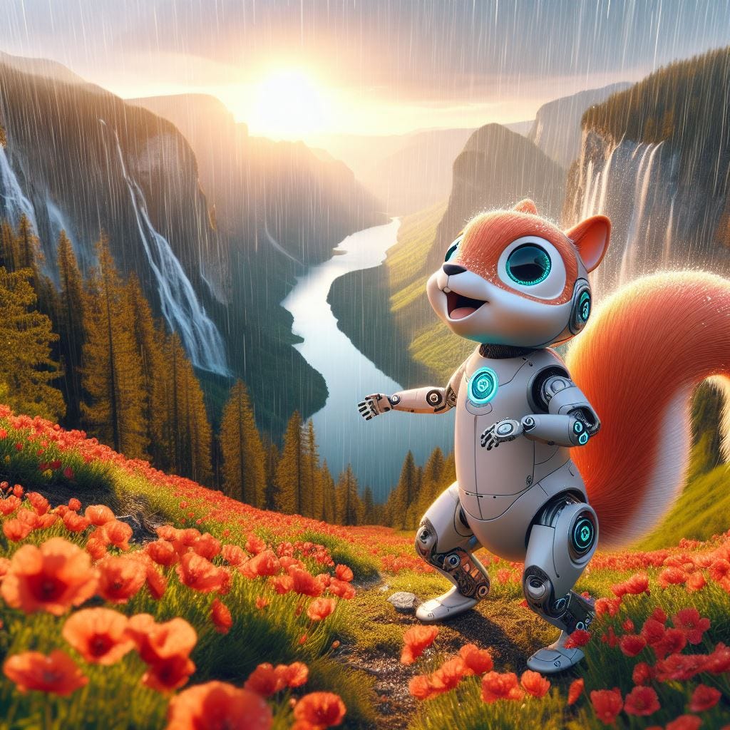 A breathtaking view of april showers bring may flowers as a cute squirrel robot dances