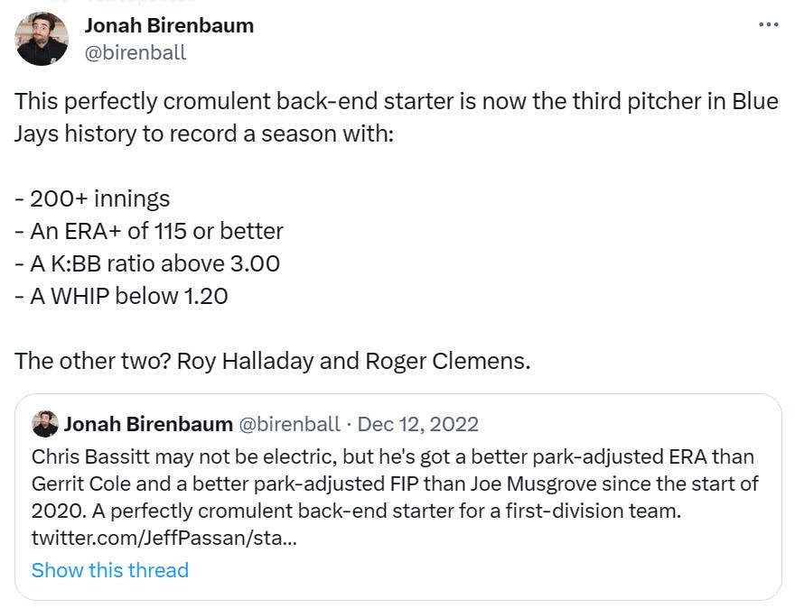@birenball: This perfectly cromulent back-end starter is now the third pitcher in Blue Jays history to record a season with: - 200+ innings - An ERA+ of 115 or better - A K:BB ratio above 3.00 - A WHIP below 1.20. The other two? Roy Halladay and Roger Clemens.