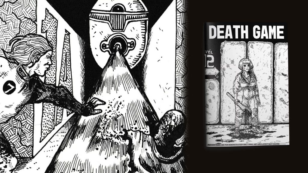 Art by HODAG RPG for Death Game. The left side shows a contestant reaching for someone who's burning up in a laser beam, which is being shot by a floating machine. The right side shows the cover for Death Game, which depicts a bloodied woman holding a baseball bat