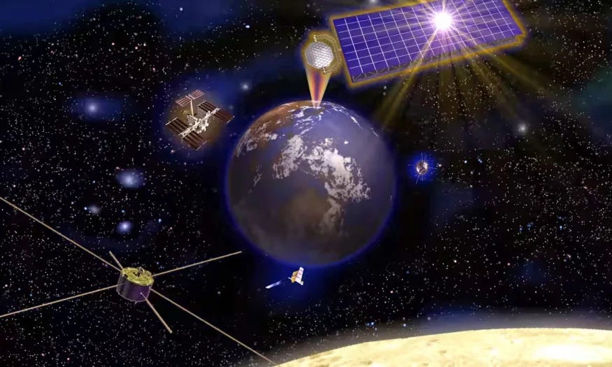 An artist's depiction of solar arrays wirelessly beaming power to Earth. 