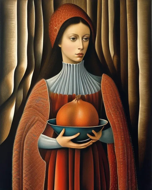 A beautiful girl covered over with a woolen sheet and holding in her hand a pomegranate, Remedios Varo, surreal