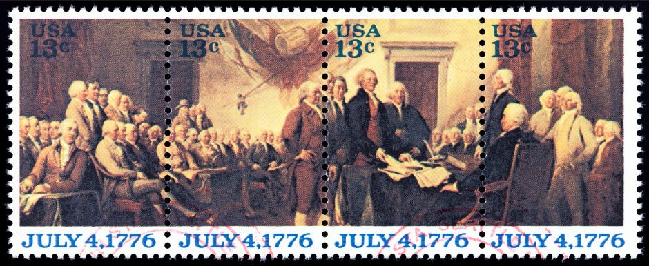 set of U.S. postage stamps depicting the signing of the Declaration of Independence