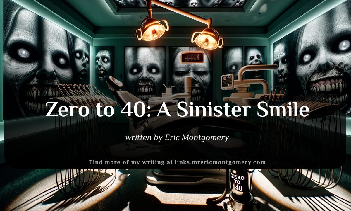 A AI-generated image that shows a high-tech dentist's office with eerie lights, ghostly figures, and a sinister dental chair, encapsulating a chilling ambiance. Used for the cover of a horror story, "Zero to 40: A sinister Smile" written by Eric Montgomery aka Mister Eric (@ImMisterEric)