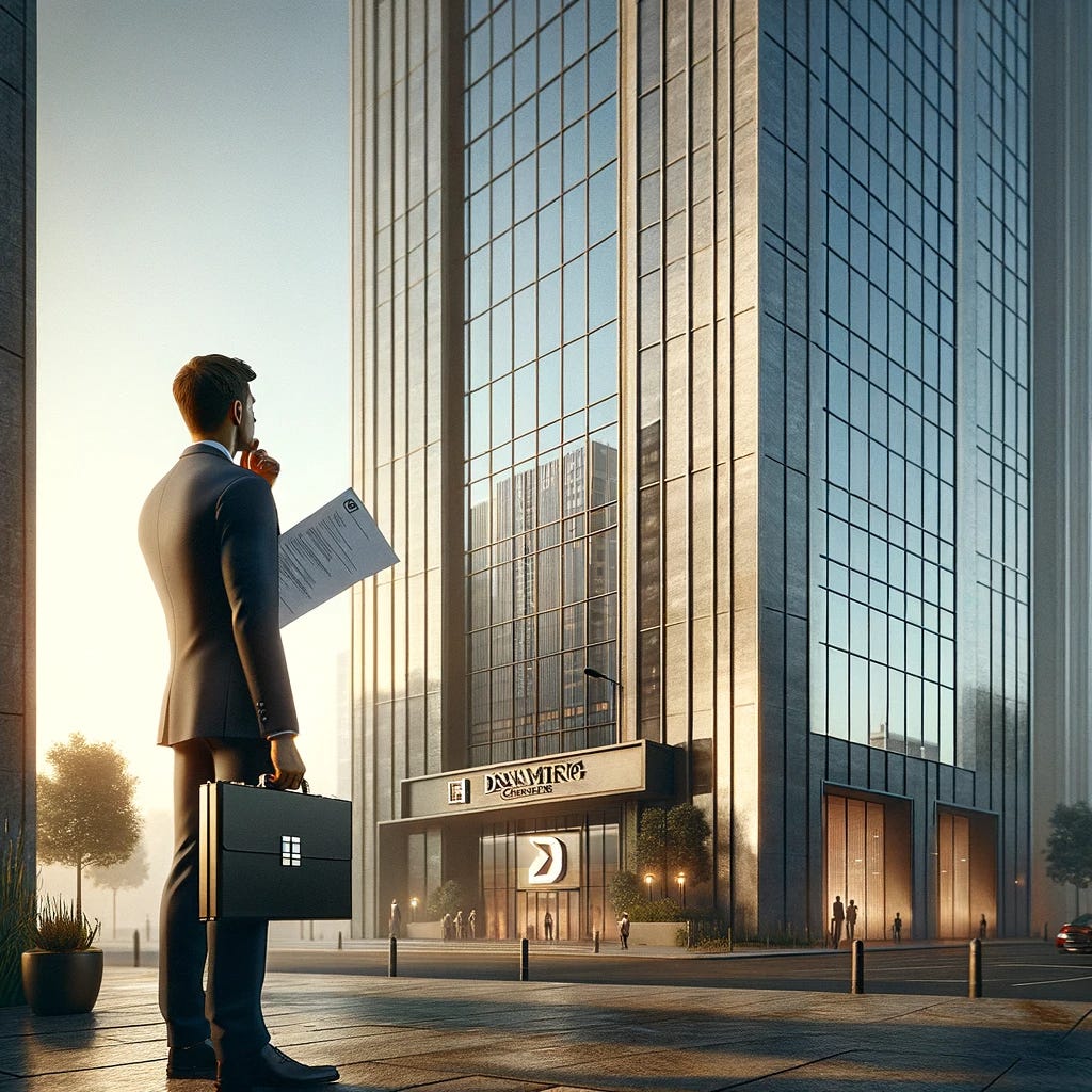 A thoughtful individual stands in front of a large, modern office building, gazing up at its towering facade with a mix of admiration and contemplation. The person is dressed in professional attire, holding a resume in one hand and a coffee cup in the other, symbolizing the potential start of a new day and a new career. The building reflects the prestige of a dream company, with its logo prominently displayed near the entrance. The individual's expression is one of deep thought, weighing the pros and cons of joining such a company, reflecting the internal debate between the allure of the dream and the reality of the work environment. The scene is set in the early morning, with the soft light of dawn casting long shadows, adding to the atmosphere of contemplation and decision-making.