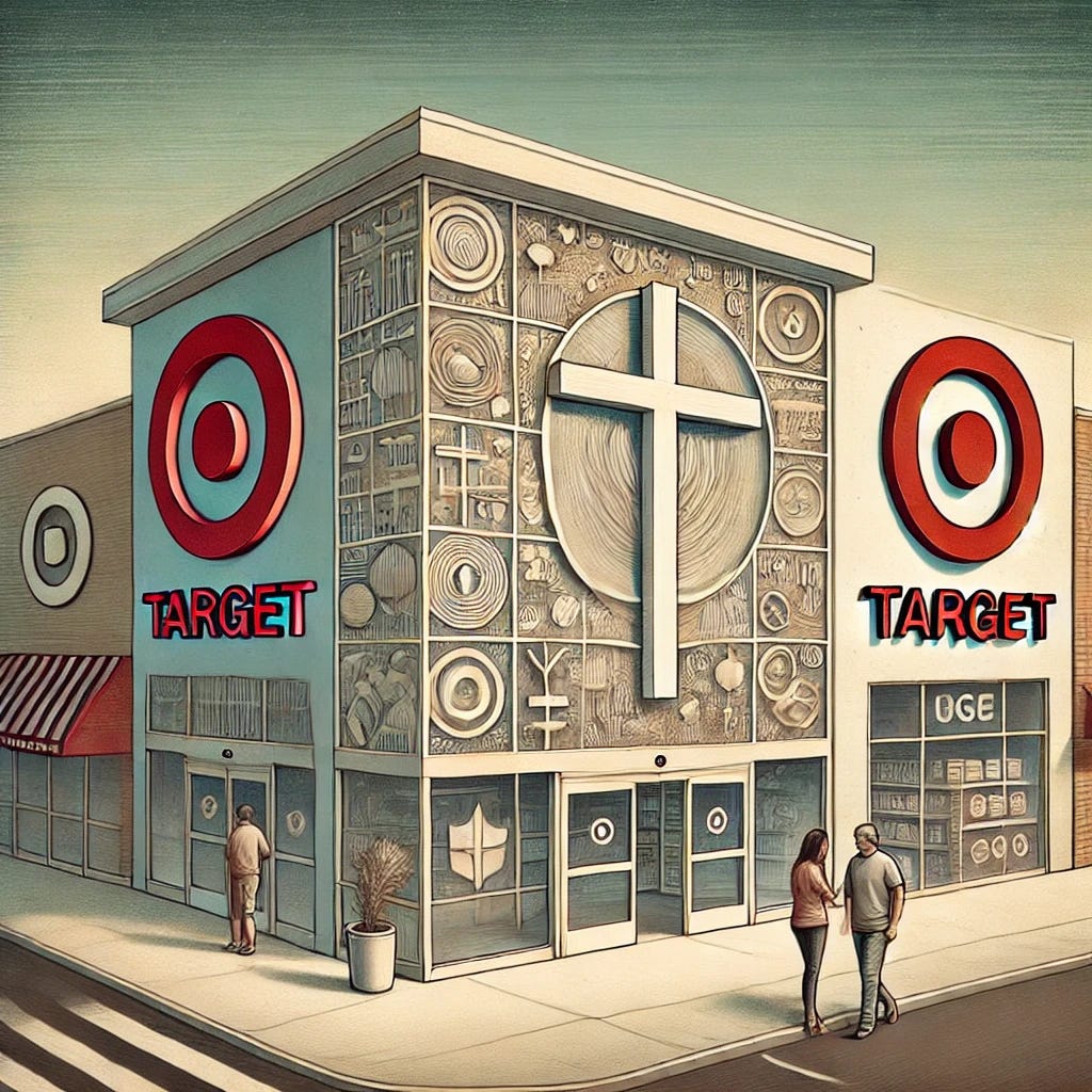 A provocative digital illustration depicting a retail store resembling Target with subtle, metaphorical elements suggesting controversy over religious themes. The store features a modern storefront with 'Target' branding, surrounded by abstract, symbolic representations of faith, such as a cross partially obscured or inverted. The scene includes customers reacting emotionally to signage or displays, hinting at conflicting interpretations of values or beliefs. The overall atmosphere is tense but visually balanced, inviting thoughtful discussion.