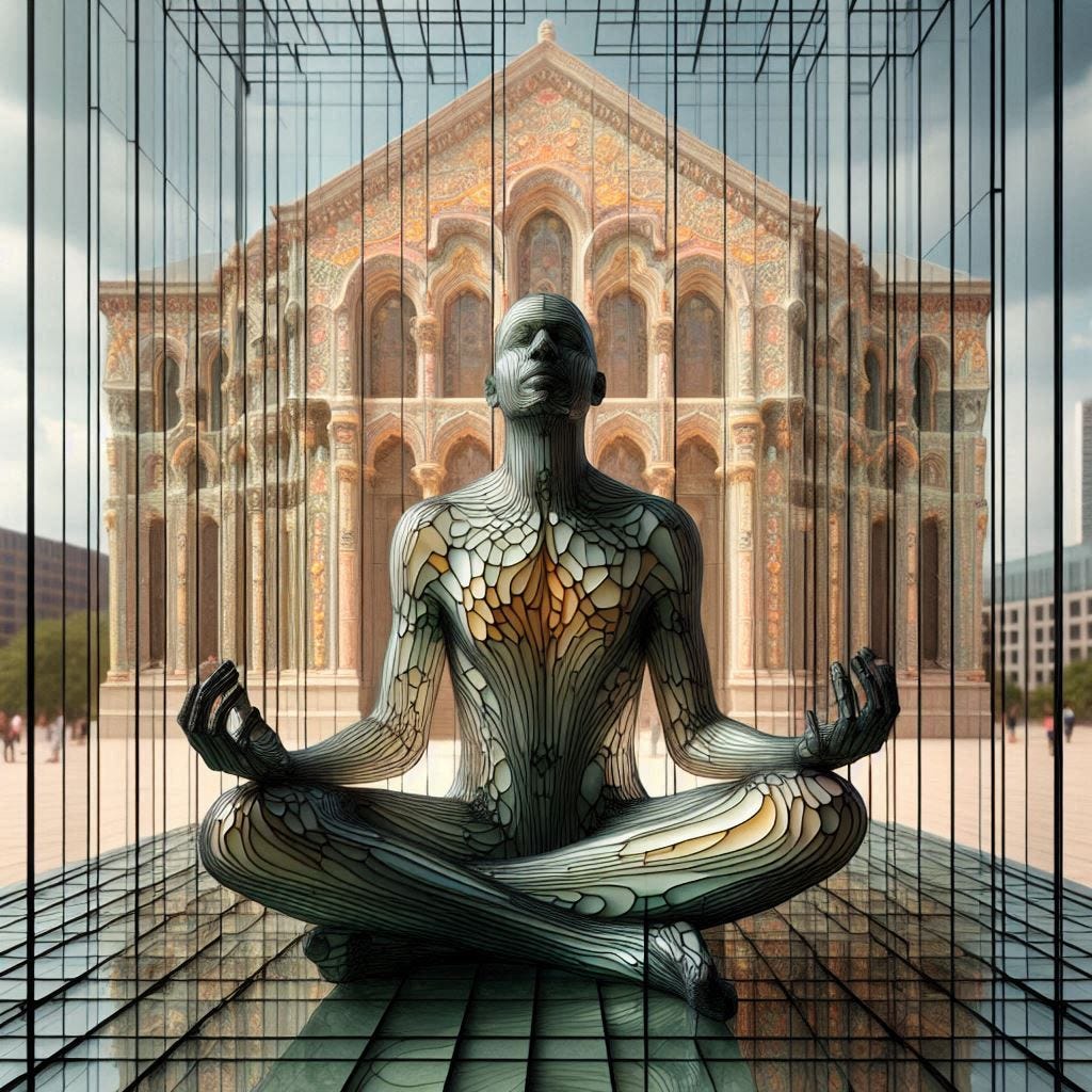 inside glass structure; tiltshift/ 5d angle glass embedded Altgeld hall building/ Broken into fragments/ pieces/ Malian man, serene/ meditation/ in front of Altgeld hall in olive,ivory, chartrues, lace made of black water in resin/ He is full of love. coral orange, pink, cream, olive address/ reverberating waves. black hole/ water in resin verdigris/ In the style of Michael Parkes. black etching/ black linework/ black sky