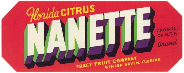 Red citrus label with NANETTE spelled out in block letters