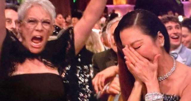 Jamie Lee Curtis cheering for Michelle Yeoh