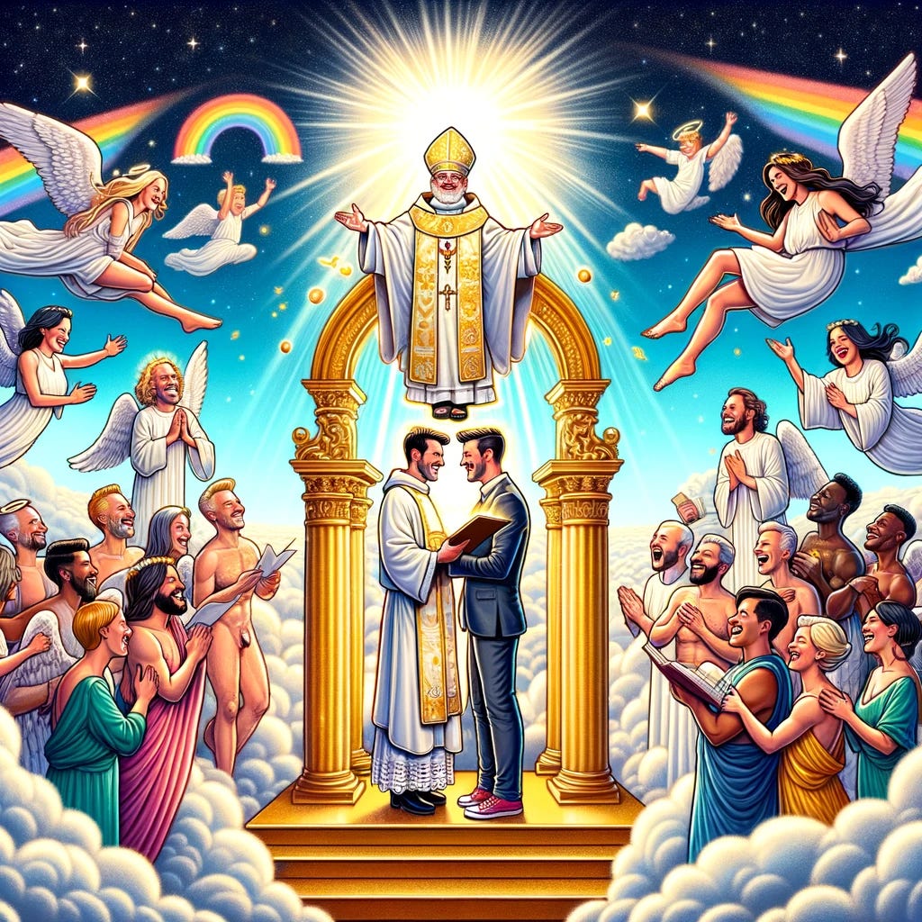 A humorous and colorful illustration depicting a celestial scene with a whimsical twist. In the heavens above, a group of angelic figures, diverse in gender and ethnicity, are gathered around a radiant, golden podium. At the podium, a priest, dressed in traditional Vatican attire, is cheerfully blessing a same-sex couple. The couple, standing hand-in-hand, are surrounded by a soft, glowing aura, symbolizing the divine blessing. In the background, fluffy clouds and a rainbow arch add to the ethereal atmosphere. The scene is filled with joyful expressions and a sense of inclusivity, capturing the essence of a surprising but welcome change in the Vatican's stance on same-sex unions. The illustration should have a playful and lighthearted tone, conveying a sense of celebration and progress.