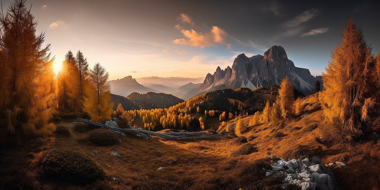 An autumn sunset over the Italian Dolomites… envisioned by AI