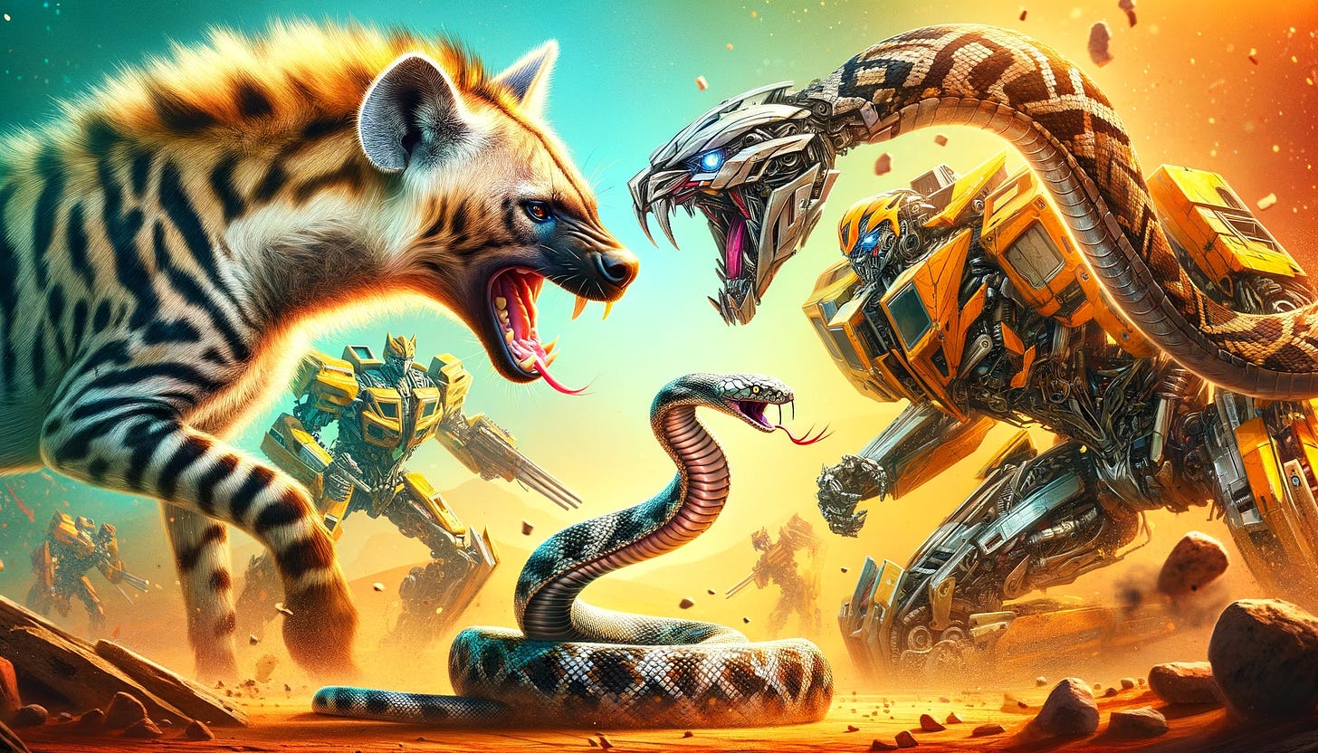 DALL·E 2023-12-17 18.23.46 - A dynamic blog thumbnail in wide aspect ratio, showcasing a striped hyena and a mamba snake, each independently battling their own generic robotic adv.png