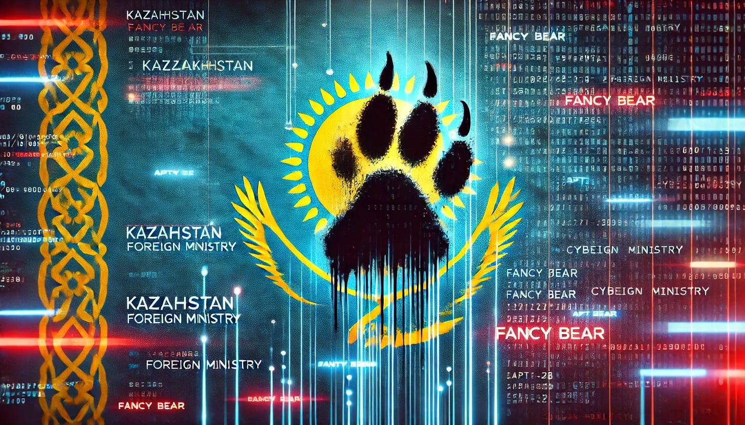 The image shows Kazakhstan's Ministry of Foreign Affairs in the context of a cyber attack, with the shadow of Fancy Bear.