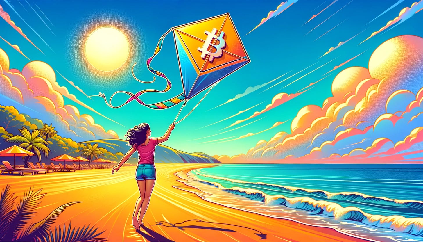 A vibrant and colorful beach scene in a wide banner format, featuring a woman flying a kite. The woman is dressed in casual beachwear, like shorts and a t-shirt, and is actively engaged in flying the kite. The wide sky is clear with a few fluffy clouds. The sun in the sky is creatively integrated with the Bitcoin logo, shining brightly. The kite, soaring high in the air, is shaped and designed to resemble the Ethereum logo, adding a distinct touch to the scene. The beach is lively with golden sand and gentle waves rolling onto the shore, creating an inviting and dynamic atmosphere.