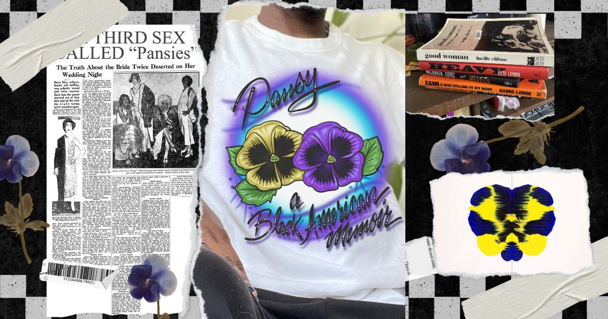 A montage of a clip from "pansy" article from an old newspaper, five Black feminist books in a photo, pansy flowers, and a Black person in a black American memoir airbrushed shirt in front of a black and checkered background.