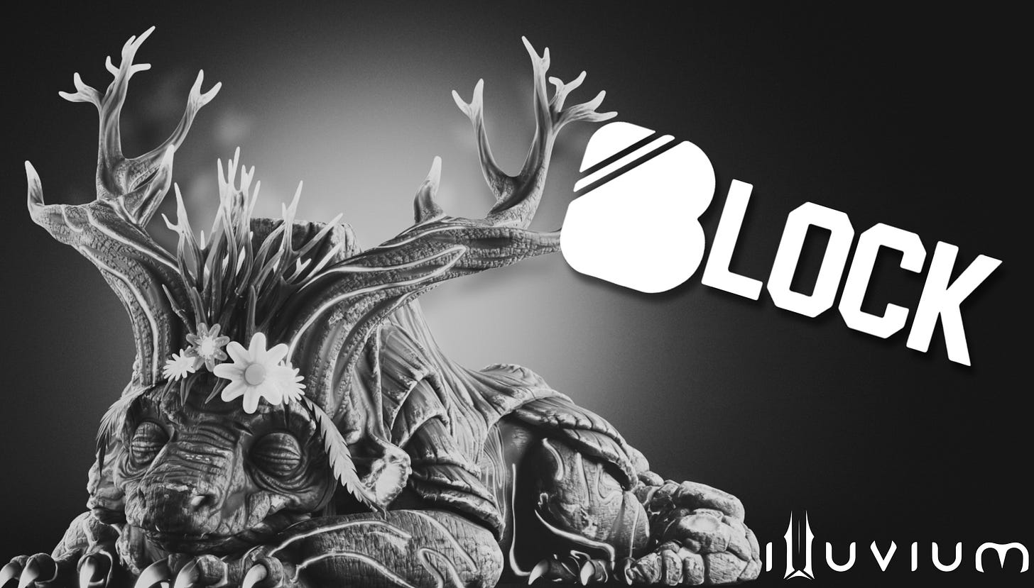 Illuvium-inspired creature with intricate textures and nature-infused details, symbolizing the evolution of AAA blockchain gaming. The Block Consulting logo and Illuvium branding emphasize the fusion of Web3 innovation and high-quality GameFi experiences.