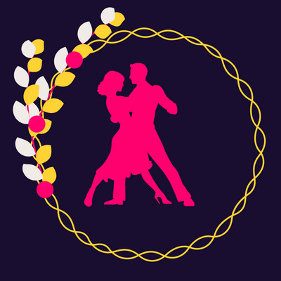 Dessin d'une silhouette rose de couple qui danse entourée d'une couronne de fleurs dans les tons jaunes.