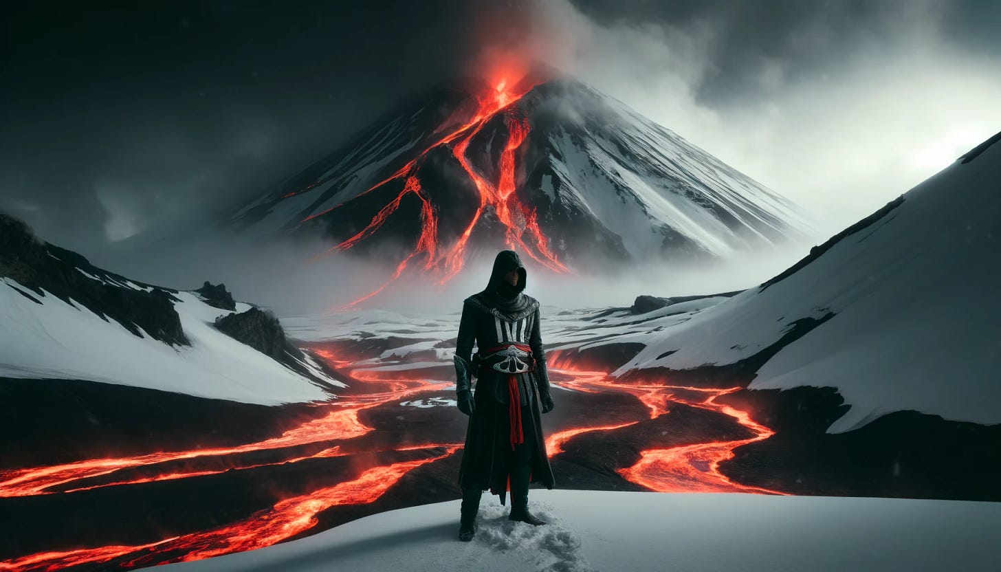 A lone assassin dressed in all black standing calmly on a snowy mountain with streams of lava flowing from the peak. The scene is dramatic, with the contrast between the white snow and the glowing red lava creating a striking visual effect. The assassin appears composed and unfazed by the intense surroundings. The sky is filled with smoke and ash, adding to the apocalyptic atmosphere. The focus is entirely on the assassin and the unique, contrasting environment.