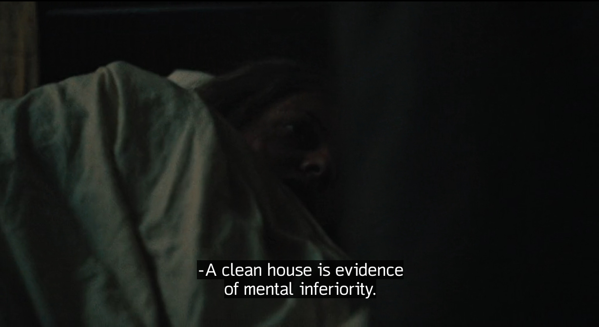 Scene from Shirley (2020) where she says A clean house is evidence of mental inferiority