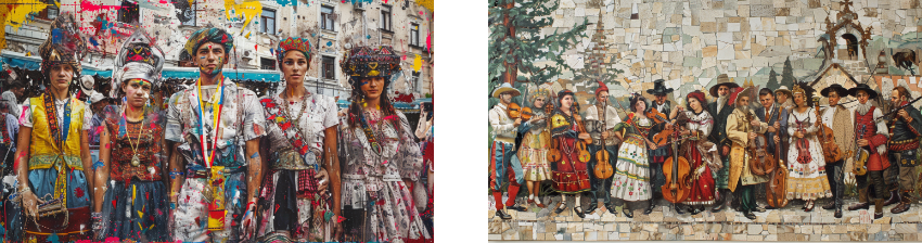 On the left, a group of people dressed in colorful, elaborate traditional costumes stand in a street setting. On the right, a detailed mural depicting a group of musicians and dancers in traditional attire, performing together in a festive scene.
