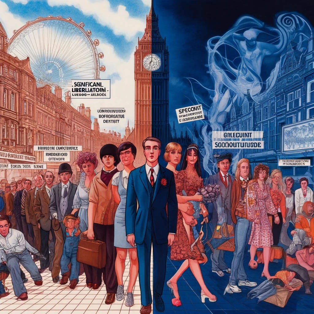 An illustrative depiction of the changing social attitudes in British society, focusing on the significant liberalization trends. The image is divided into two contrasting scenes: On the left side, a representation of British society in the early 1990s with visual elements that suggest conservatism and resistance to diversity, such as a homogeneous group of individuals and traditional symbols. On the right side, a modern and diverse group of British people from different backgrounds and orientations, symbolizing acceptance and progressive values, such as support for same-sex relationships and multiculturalism. The transition from left to right should visually communicate the societal shift towards more liberal and inclusive attitudes.