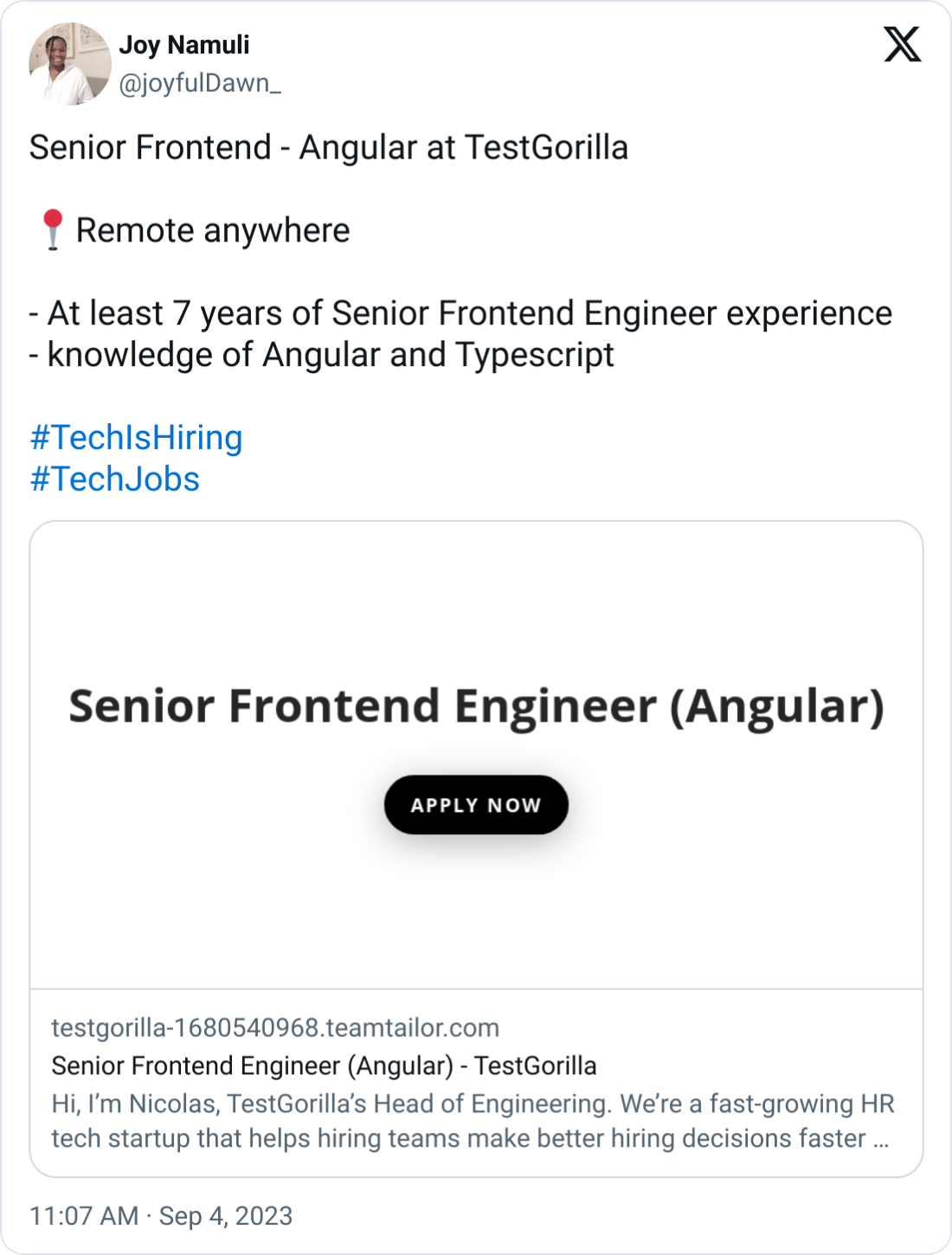 Joy Namuli @joyfulDawn_ Senior Frontend - Angular at TestGorilla  📍Remote anywhere   - At least 7 years of Senior Frontend Engineer experience - knowledge of Angular and Typescript   #TechIsHiring  #TechJobs