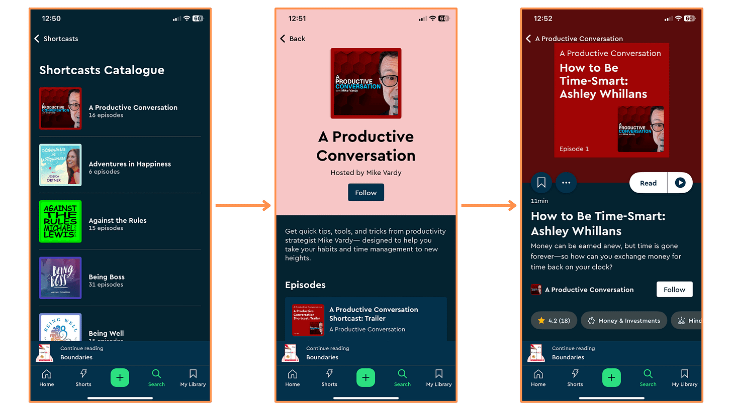 Blinkist’s Shortcasts (mobile app + dark mode)