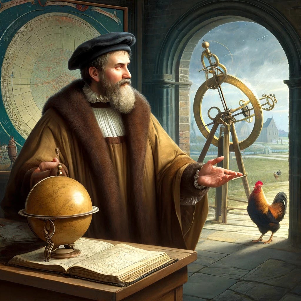 A scene set in early Renaissance Poland, featuring Copernicus, a distinguished man with a trim beard, wearing a scholar's robe and a fur cap, in an observatory. The background shows large celestial maps and a brass astrolabe, symbolizing his astronomical studies. Outside the observatory window, a chicken crosses a road, oblivious to the surroundings. Copernicus gestures towards the sky, indicating his theory that not everything revolves around the Earth, humorously applied to the chicken. The mood is contemplative yet witty, emphasizing his groundbreaking perspective.