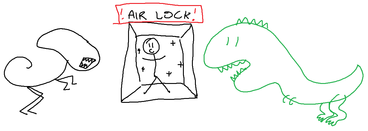 A crudely-drawn alien and dinosaur threaten a person in an airlock.