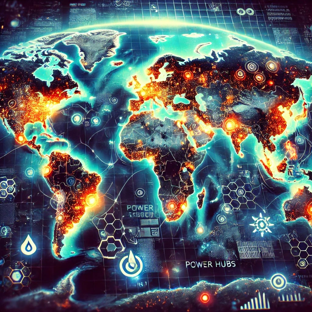 A world map with multiple power hubs marked across different regions. The map should show continents with highlighted areas indicating major power hubs, such as energy-rich regions, large cities with high energy consumption, and major industrial zones. These power hubs can be marked with glowing symbols, like power plants or energy icons, scattered across different continents. The background should feature a detailed ocean and landmass structure, with countries and cities outlined clearly. The map should have a futuristic and tech-inspired feel, with bright colors for the power hubs and a subtle grid overlay on the map for a modern look.