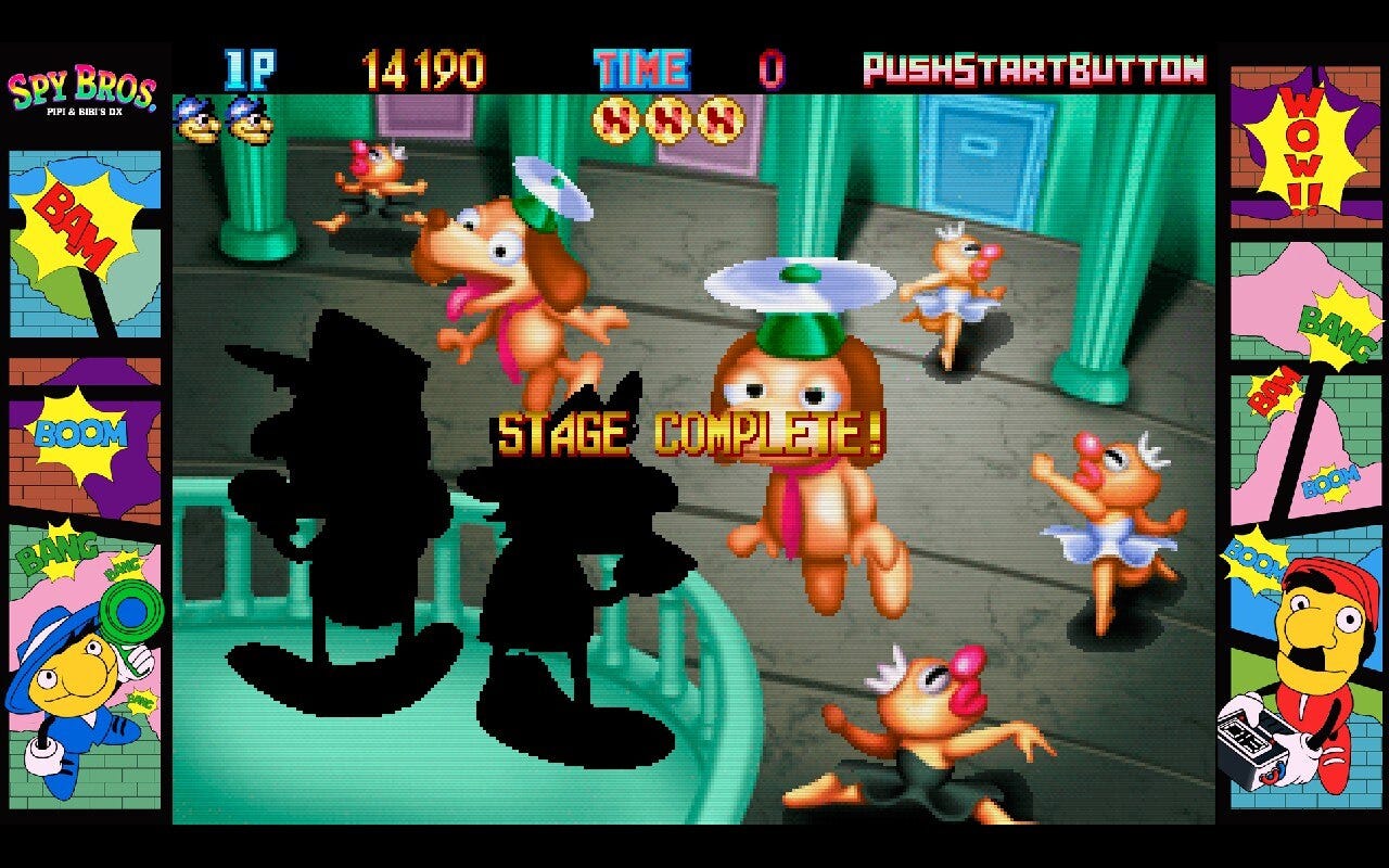 A screenshot from Spy Bros. DX after completing the game's final stage, albeit with one missing H coin. It shows the spy bros, still in black because of the missing coin, looking out on enemies like the ballerinas and flying dogs from the stage, from a balcony.