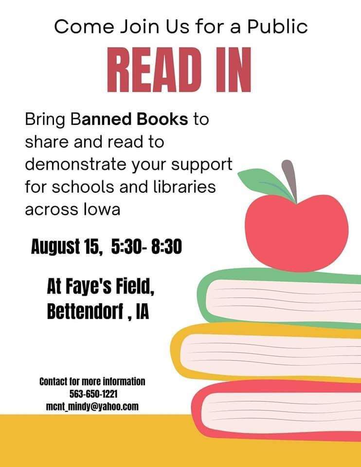 an image of a stack of books with an apple on top is used in a Facebook post with the date and time of an event