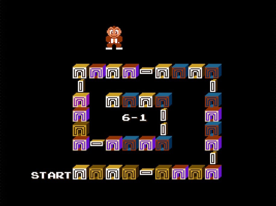 The stage map from Kung Fu Heroes, shown between levels. There are eight castles in a path, each with four stages a piece. This map shows Jacky about to enter stage 6-1.