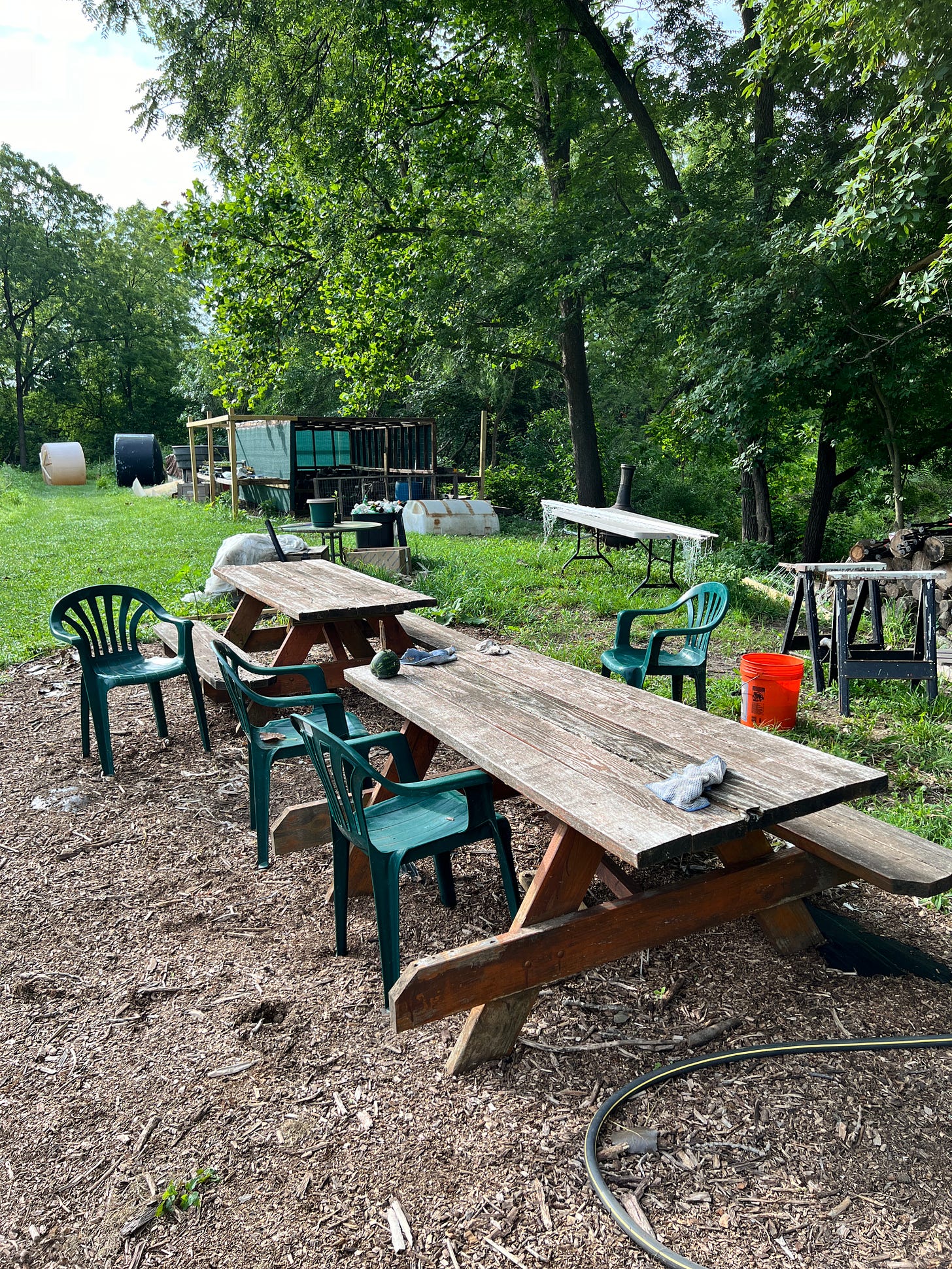 This is an image of picnic tables and chairs in a rural garden setting. There are various garden implements and structures in the background, including a pile of logs innoculated with mushroom spores.