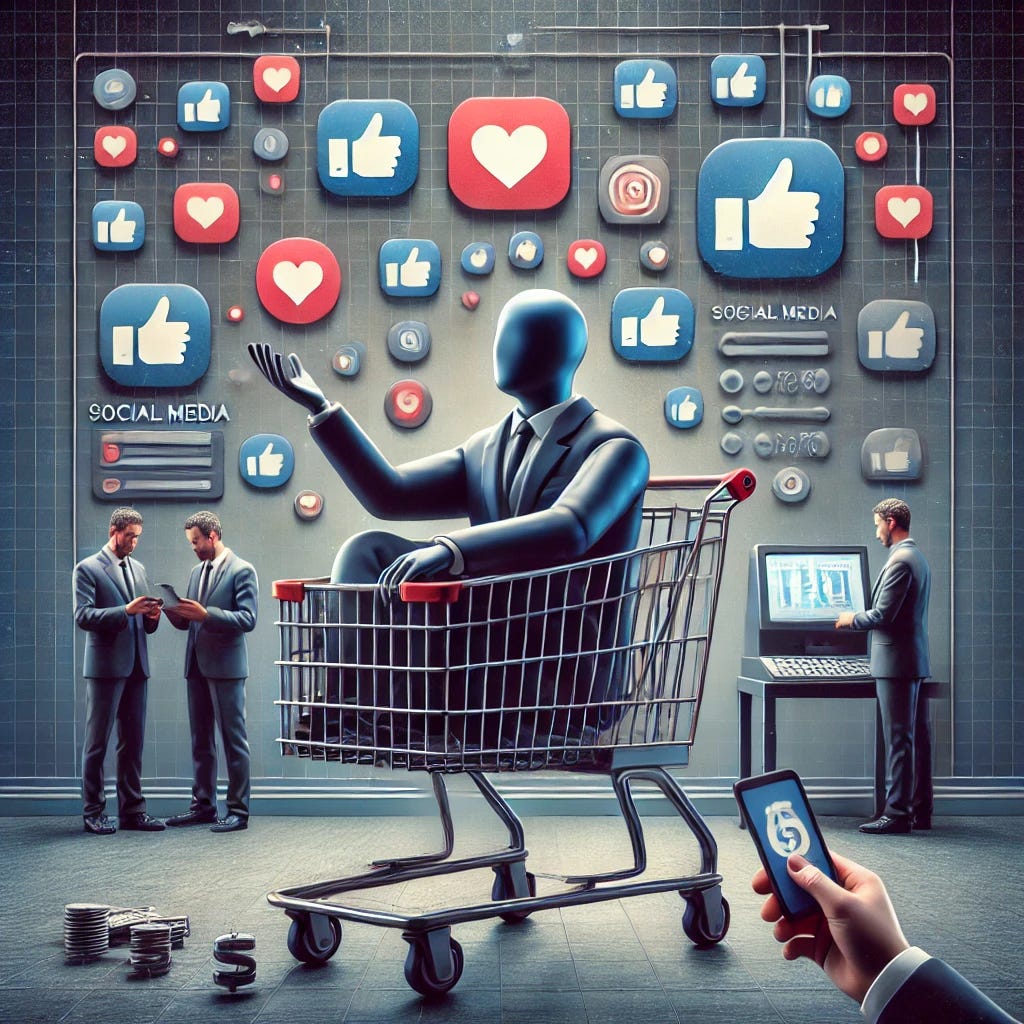 A conceptual illustration symbolizing the idea that social media users are merely products. The image shows a human figure inside a shopping cart, surrounded by social media icons like thumbs-ups, hearts, and chat bubbles. The background features a dark, corporate-style setting, with faceless business figures counting money or pushing buttons on a large machine. The aesthetic is modern and slightly dystopian, using cool tones like grays and blues, with accents of red for the social media icons, emphasizing the commodification of users.