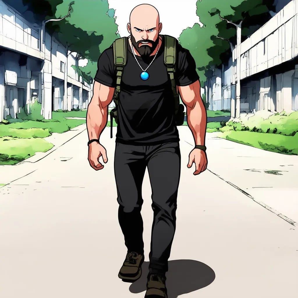 Bald man intensely walking while wearing military style backpack