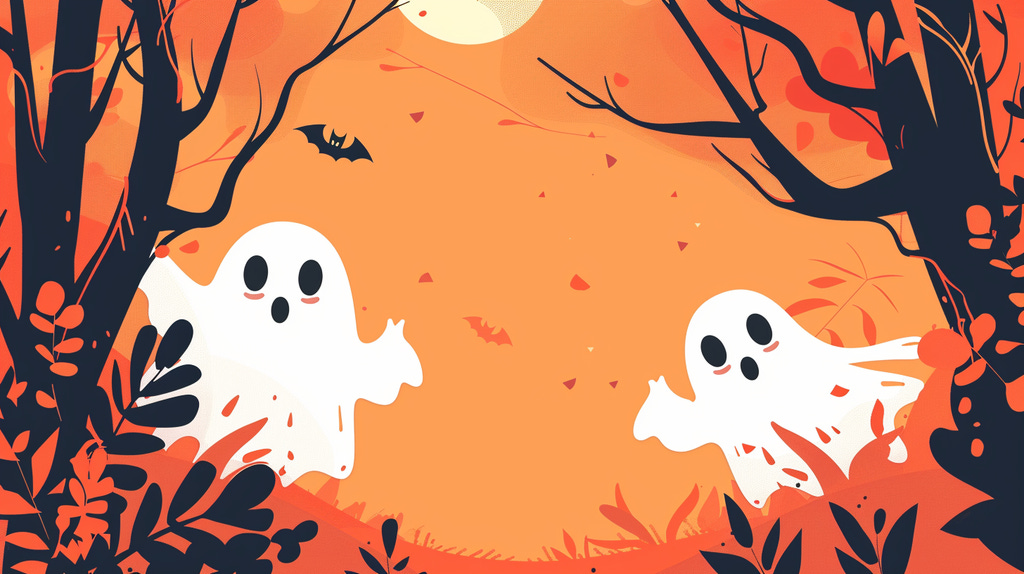 Clipart featuring two playful ghosts, one slightly larger than the other, both floating and waving.