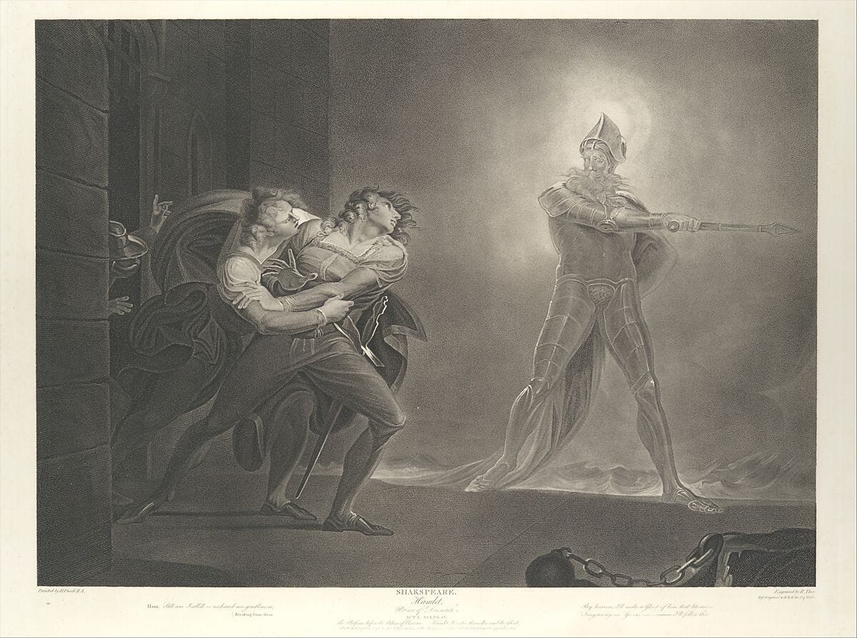Hamlet, Horatio, Marcellus and the Ghost (Shakespeare, Hamlet, Act 1, Scene 4), Robert Thew (British, Patrington 1758–1802 Stevenage), Stipple engraving; fourth state of four 