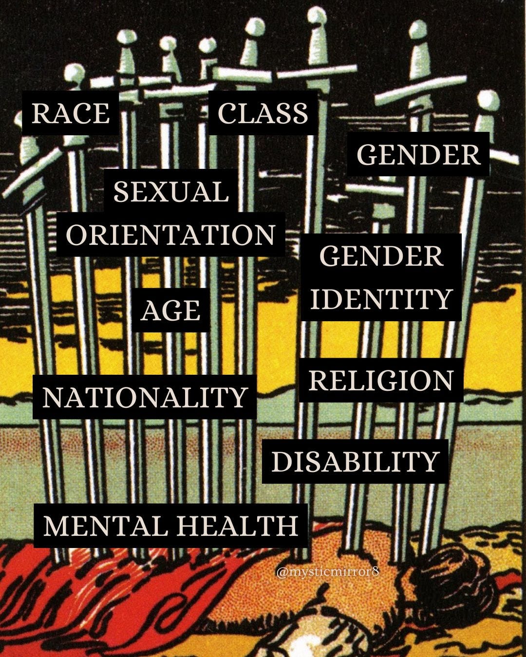 Race, Class, Sexual Orientation, Gender, Gender Identity, Religion, Nationality, Disability, Mental Health appear over the Ten of Swords
