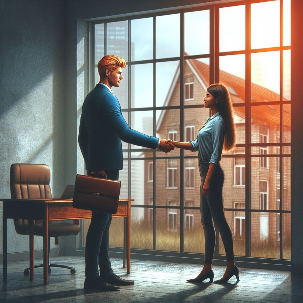 Man and woman shaking hands. Image by Bing.