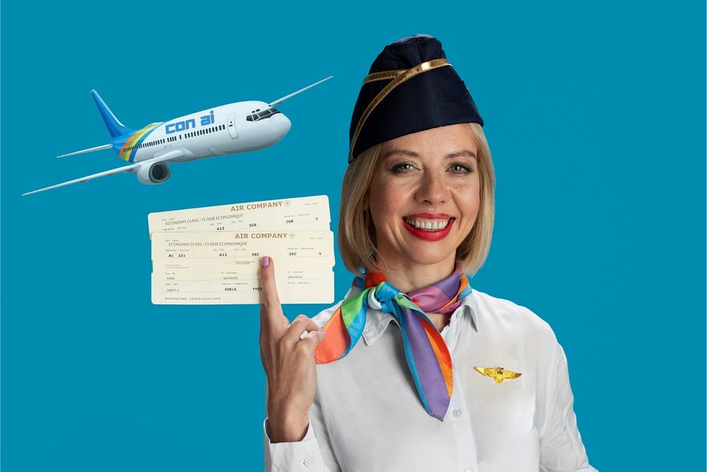 Con AI flight attendant holding tickets.