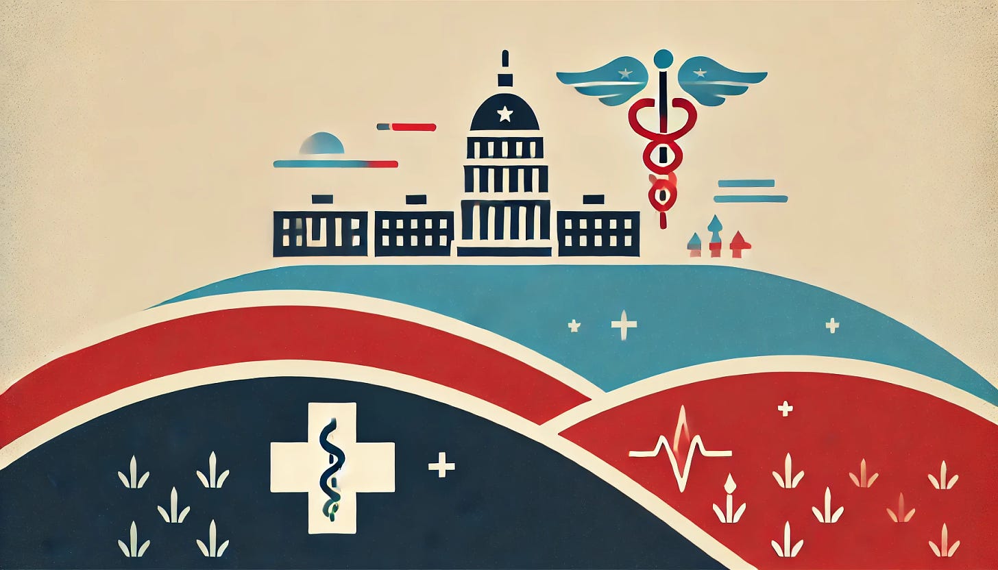 A minimalist landscape graphic using red, white, and blue with a light tan background to represent 'U.S. House Speaker Pledges to Reform Health Care.' The design features a symbol of the U.S. Capitol building, a medical cross, and an arrow indicating reform or change. There is no text in the image, maintaining a clean and simple look with a patriotic color scheme.