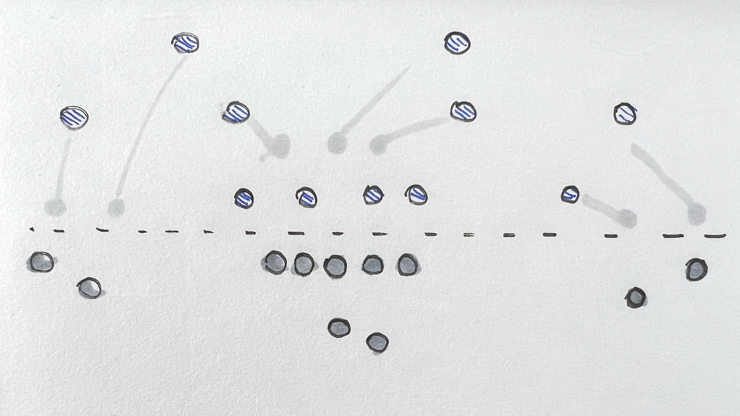 Drawing of circles representing football players in a Prevent Defense Scheme Drawing of circles representing football players in a Prevent Defense Scheme