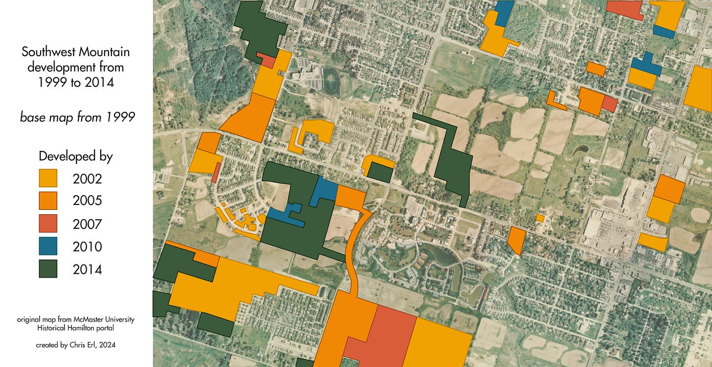 map of Hamilton mountain development from 1999 to 2014